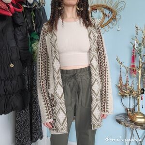 Lucky Brand Green and Brown Geometric Patterned Beige Sweater